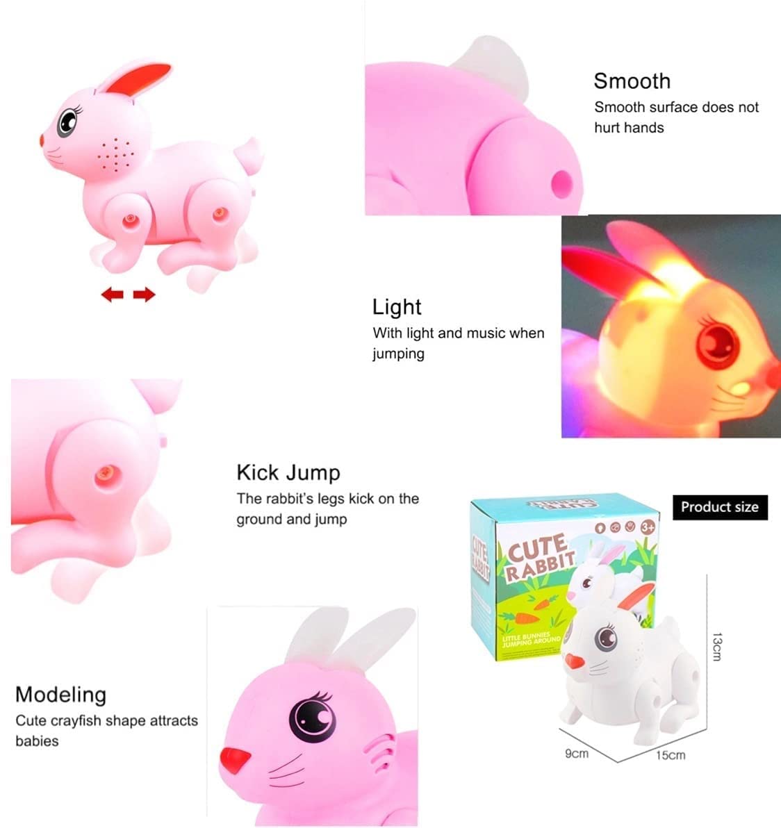 Adorable, cute Rabbit Bunny Toy with Colorful Luminous Ears, Entertaining and Educational for Infants and Kids,, Battery-Operated Jumping Fun